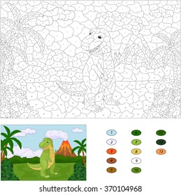 Funny cute tyrannosaurus on the background of a prehistoric nature. Color by number educational game for kids. Illustration for schoolchild and preschool