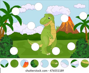 Funny cute tyrannosaurus on the background of a prehistoric nature. Complete the puzzle and find the missing parts of the picture. Educational game for kids