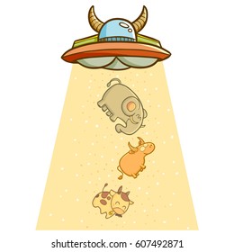 Funny and cute UFO with horn taking animals - vector.