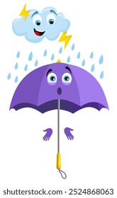 Funny cute umbrella character  in rain and  cloud with lightning. Vector cartoon umbrella under rain weather and storm cloud. Cartoon sign of rainy weather isolated on white background