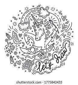 Funny cute unicorn in good mood enjoy drawing. Vector humor character in doodle style. For stickers, design cushion, clock, card, design, print, t-shirts and decoration. 
