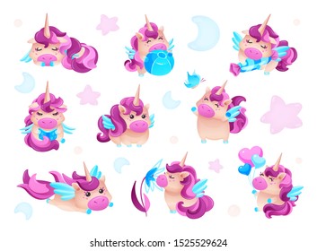 Funny cute unicorn set in different poses: sleeping, flying, playing with a ball, reading a book, smelling a flower cartoon vector illustration isolated