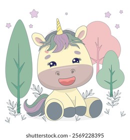 Funny cute unicorn sitting vector illustration. Design for printing on t-shirt, poster, banner. Lovely print for t-shirt, shopper, notebooks, covers, posters and cards