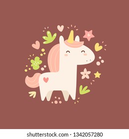 Funny, cute unicorn. Vector cartoon illustration for kids game, book, t-shirt, textile, patches, pins, badges, stickers, cards. Isolated, flat design. Drawing for girls. Magic creature.