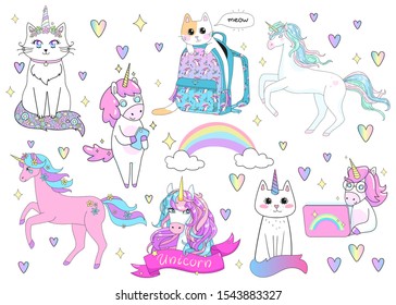 
Funny cute unicorns and cats stickers. Vector Set