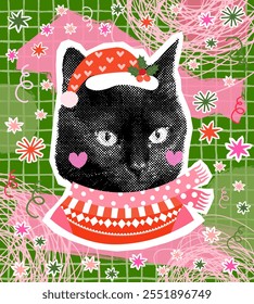 Funny, cute vector black cat with Santa hat and ugly Christmas sweater on green background with stars and snowflakes for holiday designs, brochures, posters and greeting cards