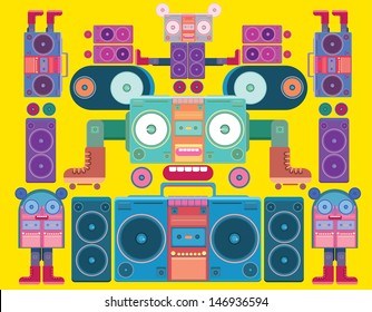 funny and cute vector boombox face pattern wallpaper