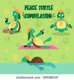 Funny and cute vector compilation with peace hippie turtle