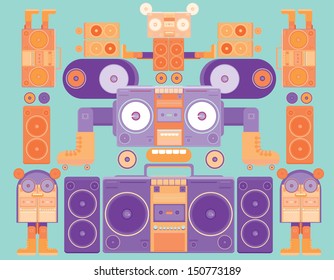 funny and cute vector ghetto blaster face pattern wallpaper on vintage turquoise colors