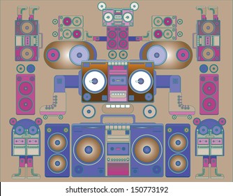 funny and cute vector ghetto blaster face pattern wallpaper on brown