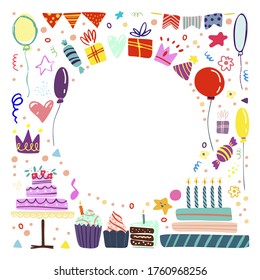 Funny cute vector hand drawn illustration. Bright multi-colored party elements. Birthday celebration concept. Round frame. Design for cards, banners, posters, textiles.