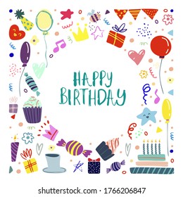 Hübsch süße Vektorgrafik, handgezeichnet. Helle, mehrfarbige Gruppenelemente. Geburtstagsfeier. Herzlichen Glückwunsch zum Geburtstag. Design für Karten, Banner, Poster, Textilien.