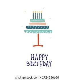 Funny cute vector hand-drawn illustration. Big cake with candles. Birthday celebration concept. Happy Birthday lettering. Design for cards, banners, posters, textiles