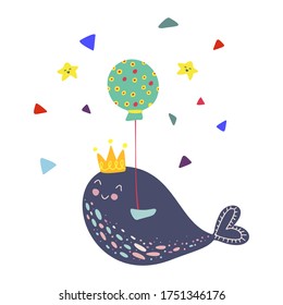 Funny cute vector hand-drawn illustration. Dark blue whale with a balloon. Birthday celebration concept. Design for cards, banners, posters, textiles.