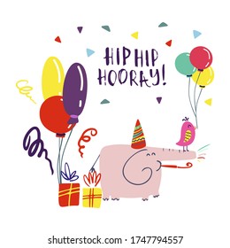 Funny cute vector illustration. A pink elephant and bright bird stands near gifts and balloons. Birthday celebration concept. Hip Hip Hooray lettering. Design for cards, banners, posters, textiles.