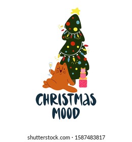 Funny cute vector illustration. A red cat sitting near a New Year tree with champagne and gifts. Christmas and New Year celebration concept. New Year mood. Design for cards, banners, posters, textiles