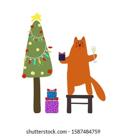 Funny cute vector illustration. A red cat stands near a New Year tree with champagne and gifts. Christmas and New Year celebration concept. New Year mood. Design for cards, banners, posters, textiles.