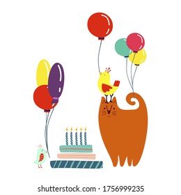 Funny cute vector illustration. A red cat and birds stands near a huge cake with balloons. Birthday celebration concept. Doodle cartoons. Festive mood. Design for cards, banners, posters, textiles.
