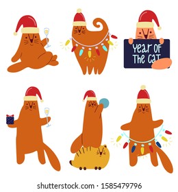 Funny cute vector illustration. Set of cute cats in santa hats, with gifts and champagne. Christmas and New Year celebration concept. New Year mood. Design for cards, banners, posters, textiles.