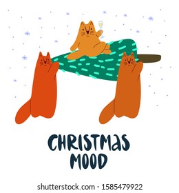 Funny cute vector illustration. Two red cats carry a Christmas tree and one cat sits on top of it with champagne. Christmas and New Year celebration concept. New Year mood. Design for cards, banner