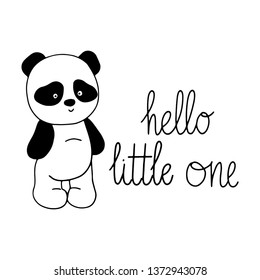 Funny cute vector panda in cartoon style and hand-drawn lettering phrase Hello little one. Great for stickers and posters and Invitation to a children's event with a handwritten lettering
