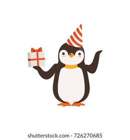 Funny Cute vector Penguin Character In A Party Hat With A Gift Box Tied With Red Ribbon