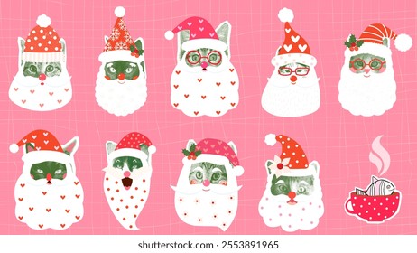 Funny and cute vector Santa Claus cat faces with hats, Half tone retro Christmas hipster collage kitty heads with beards illustration