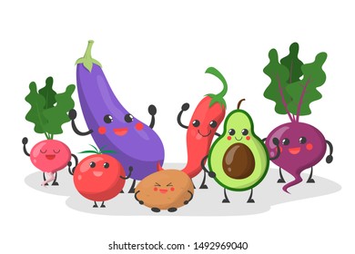 Funny cute vegetable with the happy face.Tomato, avocado and pepper. Cartoon character smile and have fun vector isolated.