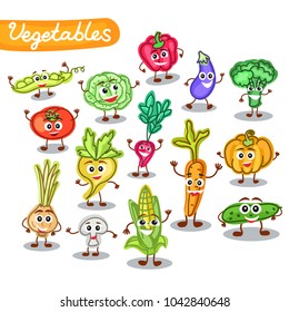 Funny, cute vegetables with smiling human face isolated on white background. Vector illustration for kids restaurant menu.