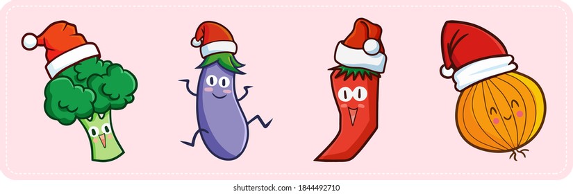 Funny and cute vegetables wearing Santa's hat for Christmas celebration