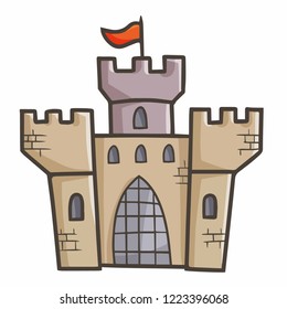 Funny and cute vintage castle with red flag - vector