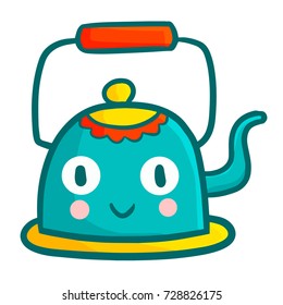 Funny and cute vintage kettle smiling happily - vector.