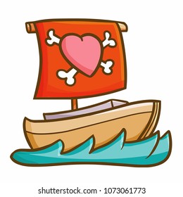 Funny and cute vintage ship with love pirates logo - vector.