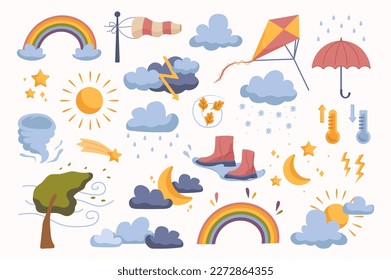 Funny and cute weather icons set concept without people scene in the flat cartoon design. Image of various weather conditions and natural phenomena. Vector illustration.