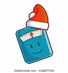 Funny and cute weight scale wearing Santa's hat for christmas and smiling happily - vector.