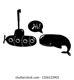 Funny cute whale, submarine and the phrase high.  Isolated objects for children print in Scandinavian style. Vector illustration in flat design.