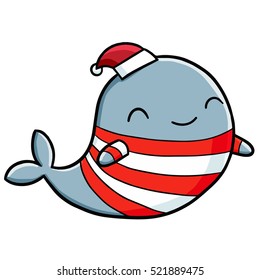 Funny and cute whale wearing shirt and santa's hat - vector.