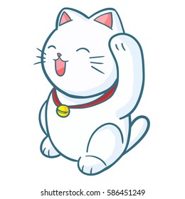 Funny and cute white happy cat waving its hand - vector