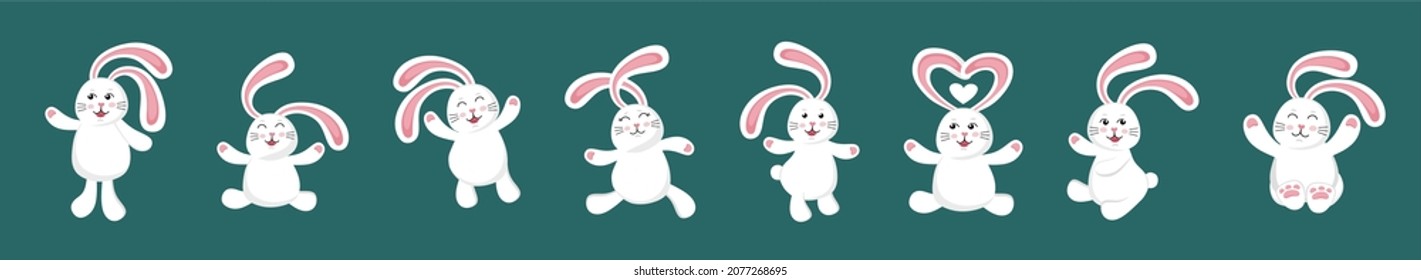 Funny cute white rabbit. A set of illustration characters. Vector illustration in a flat style.