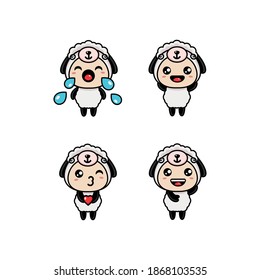 Funny cute white sheep wearing knitted cap and cozy mittens. Children vector illustration. Set of graphic elements for kids. Cartoon hand drawn style. Wrapping, package, textile design.