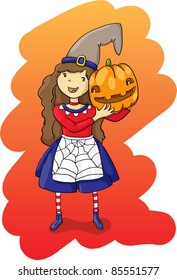 Funny cute witch holds a halloween pumpkin. Vector illustration.