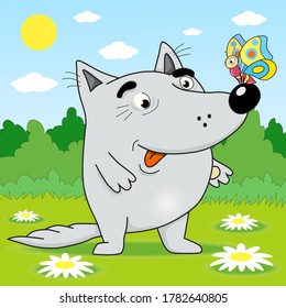 Funny cute wolf with a butterfly on his nose