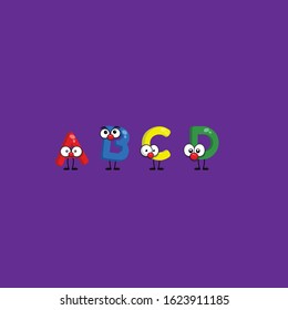 funny cute words ABCD with eye in comic style. funny friends character concept. illustration for kids.cartoon style. isolated on white background