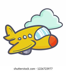 Funny and cute yellow airplane flying with cloud background - vector