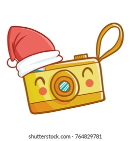 Funny and cute yellow compact digital camera wearing Santa's hat for Christmas and smiling - vector.
