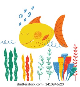 おかしなかわいい黄色い魚が海で泳ぐ 海里のベクトルパターン カラフルな海藻と水草 子ども向けの手描きのイラスト カートーンフラットスタイル 海の背景 子どもじみた鉛筆画 のベクター画像素材 ロイヤリティフリー Shutterstock