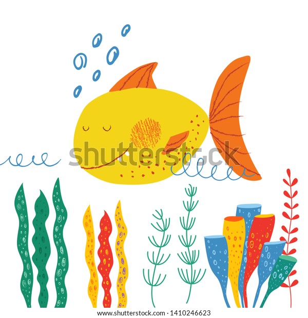 おかしなかわいい黄色い魚が海で泳ぐ 海里のベクトルパターン カラフルな海藻と水草 子ども向けの手描きのイラスト カートーンフラットスタイル 海の背景 子どもじみた鉛筆画 のベクター画像素材 ロイヤリティフリー