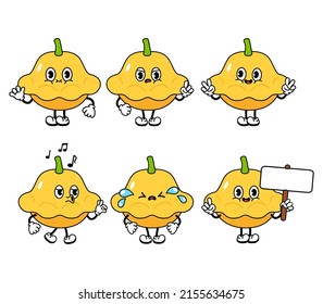 Funny cute yellow squash characters bundle set. Vector hand drawn doodle style traditional cartoon vintage, retro character illustration icon design. Isolated white background. Squash characters