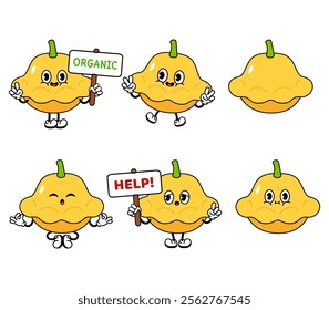 Funny cute Yellow squash characters bundle set. Vector hand drawn doodle style traditional cartoon vintage, retro character illustration design. Isolated white background. Happy Yellow squash