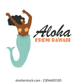 Divertida y linda mujer africana que se fusiona con lirios de mar bailando, muchacha adolescente sirvienta saludando, y Aloha del texto de Hawaii. Habitante submarino, criatura mítica. Impresión de camisetas vectoras, diseño de tarjetas